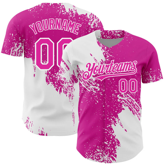 Custom White Deep Pink 3D Pattern Design Abstract Brush Stroke Authentic Baseball Jersey - Sky-Custom
