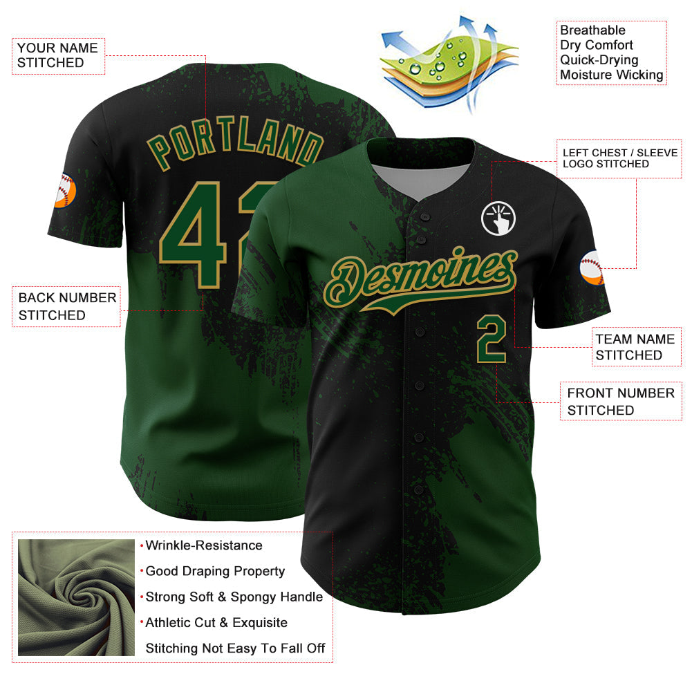 Custom Green Black-Old Gold 3D Pattern Design Abstract Brush Stroke Authentic Baseball Jersey - Sky-Custom
