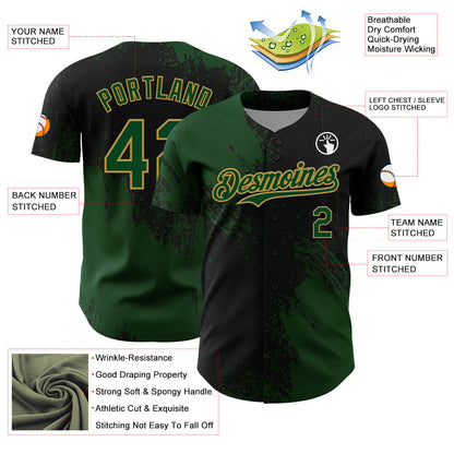 Custom Green Black-Old Gold 3D Pattern Design Abstract Brush Stroke Authentic Baseball Jersey - Sky-Custom