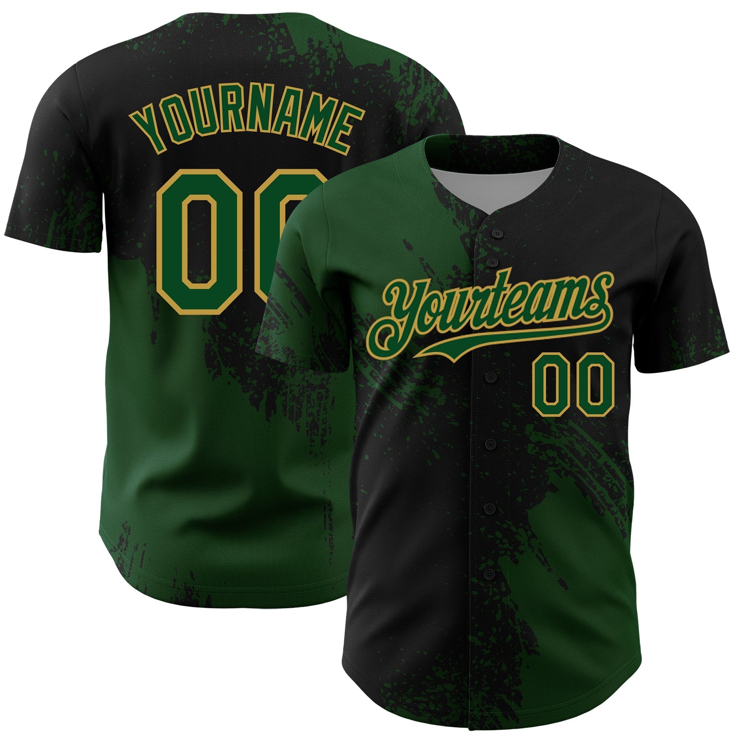 Custom Green Black-Old Gold 3D Pattern Design Abstract Brush Stroke Authentic Baseball Jersey - Sky-Custom