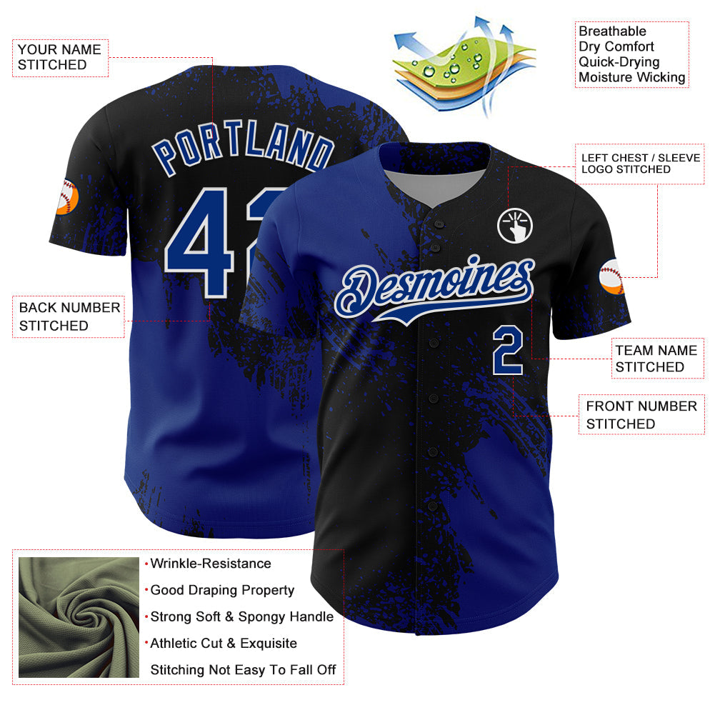 Custom Royal Black-White 3D Pattern Design Abstract Brush Stroke Authentic Baseball Jersey - Sky-Custom