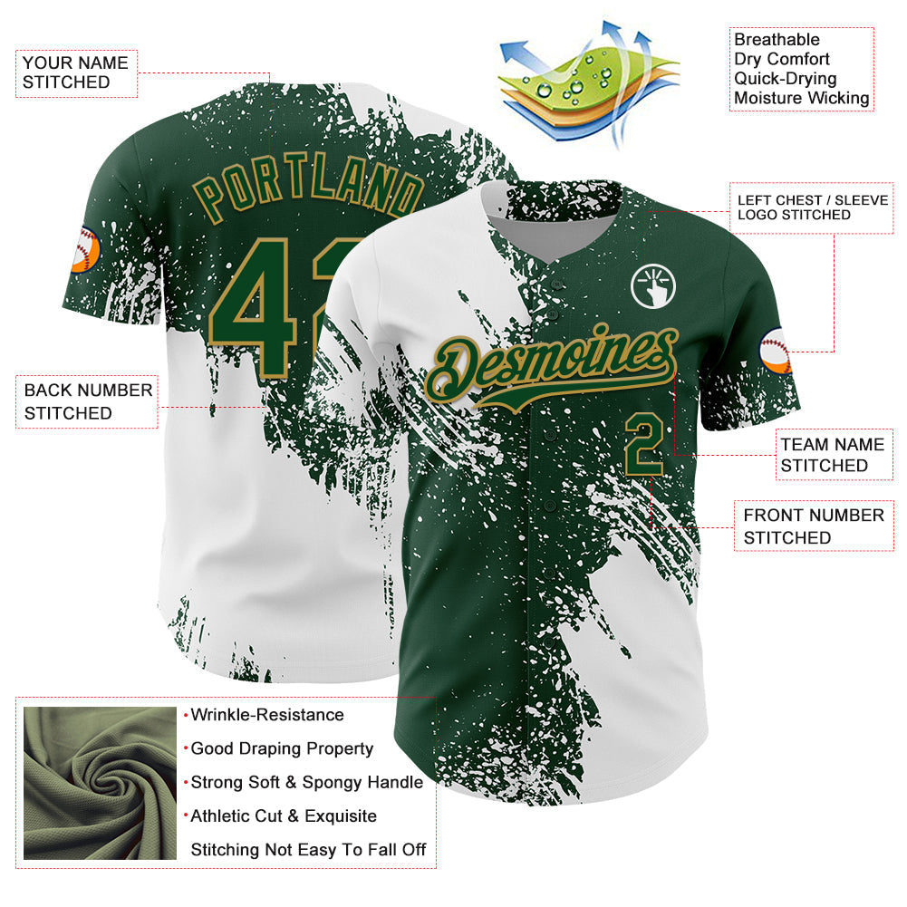 Custom White Green-Old Gold 3D Pattern Design Abstract Brush Stroke Authentic Baseball Jersey - Sky-Custom