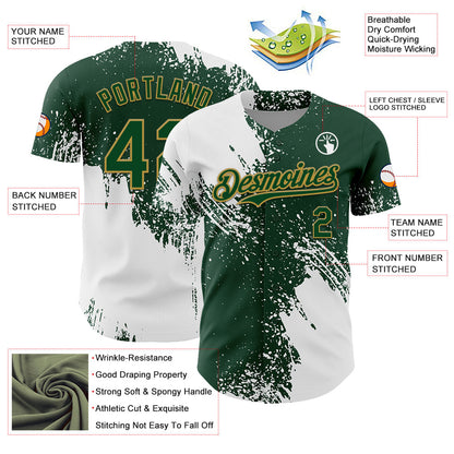 Custom White Green-Old Gold 3D Pattern Design Abstract Brush Stroke Authentic Baseball Jersey - Sky-Custom