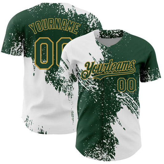 Custom White Green-Old Gold 3D Pattern Design Abstract Brush Stroke Authentic Baseball Jersey - Sky-Custom