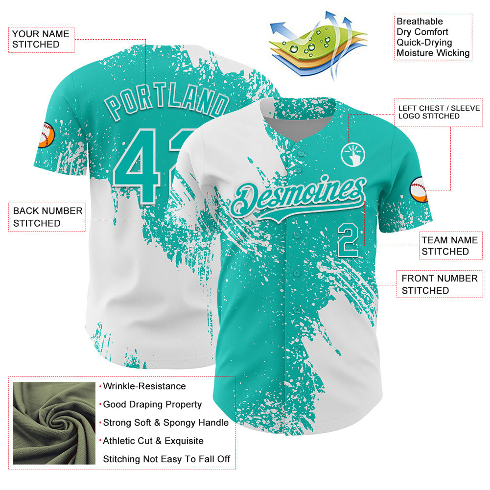 Custom White Aqua 3D Pattern Design Abstract Brush Stroke Authentic Baseball Jersey - Sky-Custom