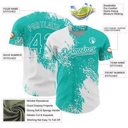 Custom White Aqua 3D Pattern Design Abstract Brush Stroke Authentic Baseball Jersey - Sky-Custom