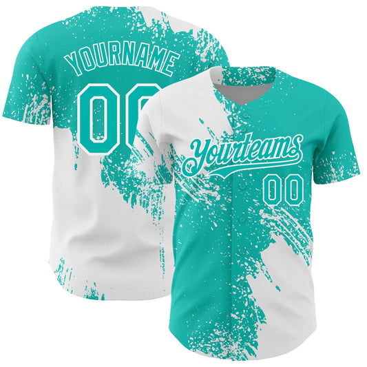 Custom White Aqua 3D Pattern Design Abstract Brush Stroke Authentic Baseball Jersey - Sky-Custom