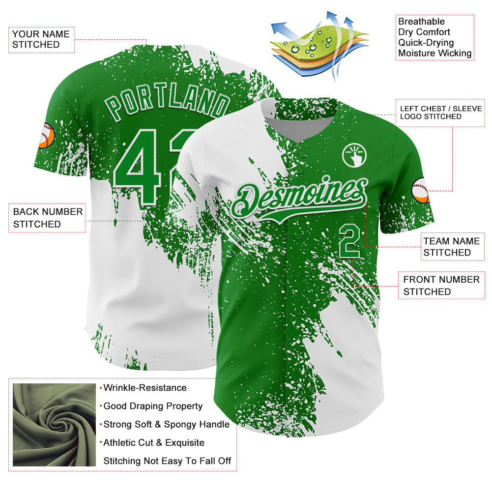 Custom White Grass Green 3D Pattern Design Abstract Brush Stroke Authentic Baseball Jersey - Sky-Custom