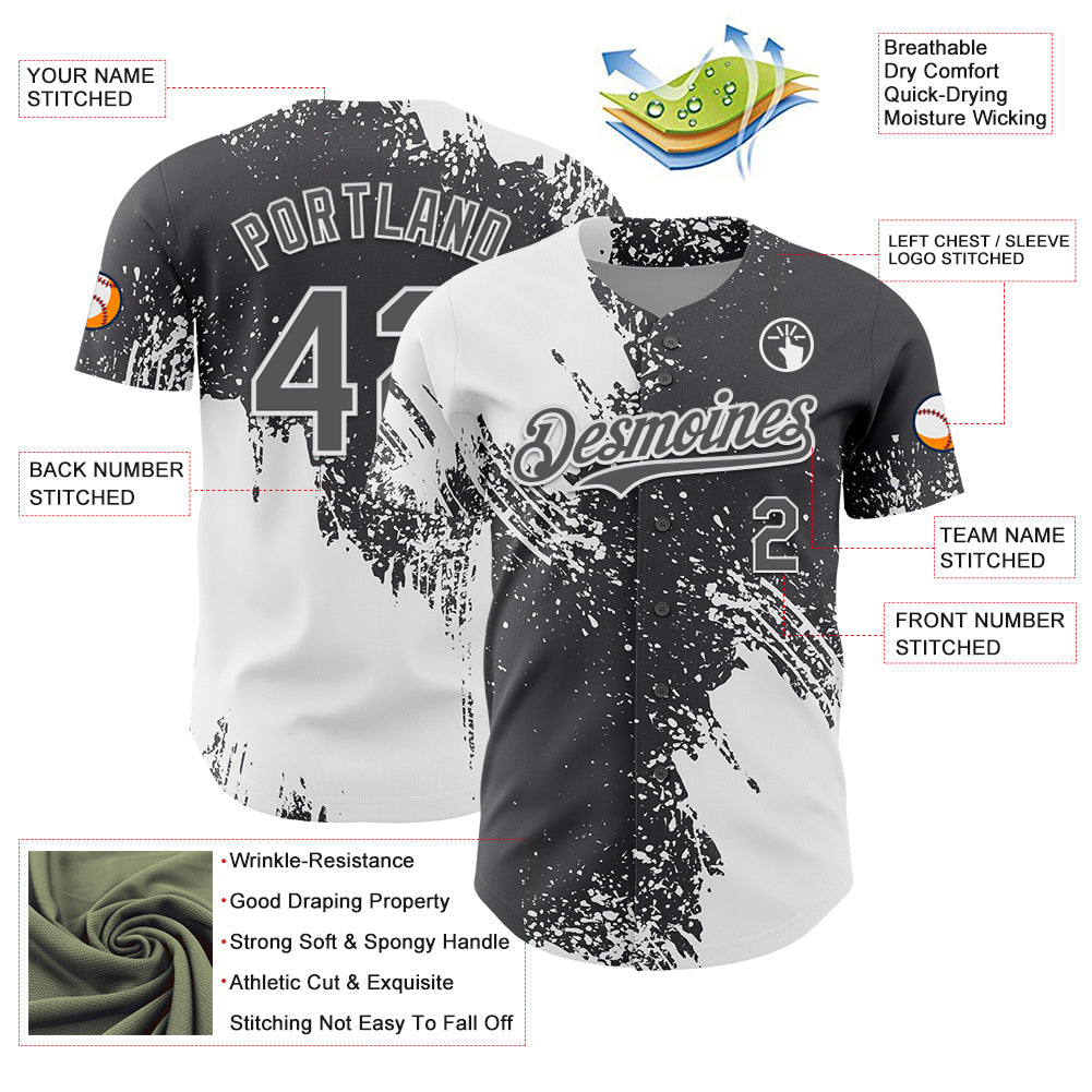 Custom White Steel Gray 3D Pattern Design Abstract Brush Stroke Authentic Baseball Jersey - Sky-Custom