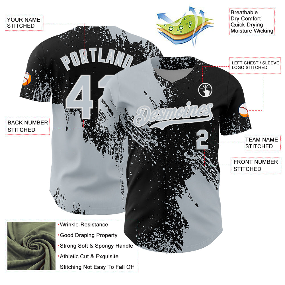 Custom Silver Black-White 3D Pattern Design Abstract Brush Stroke Authentic Baseball Jersey - Sky-Custom