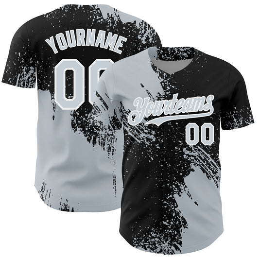 Custom Silver Black-White 3D Pattern Design Abstract Brush Stroke Authentic Baseball Jersey - Sky-Custom