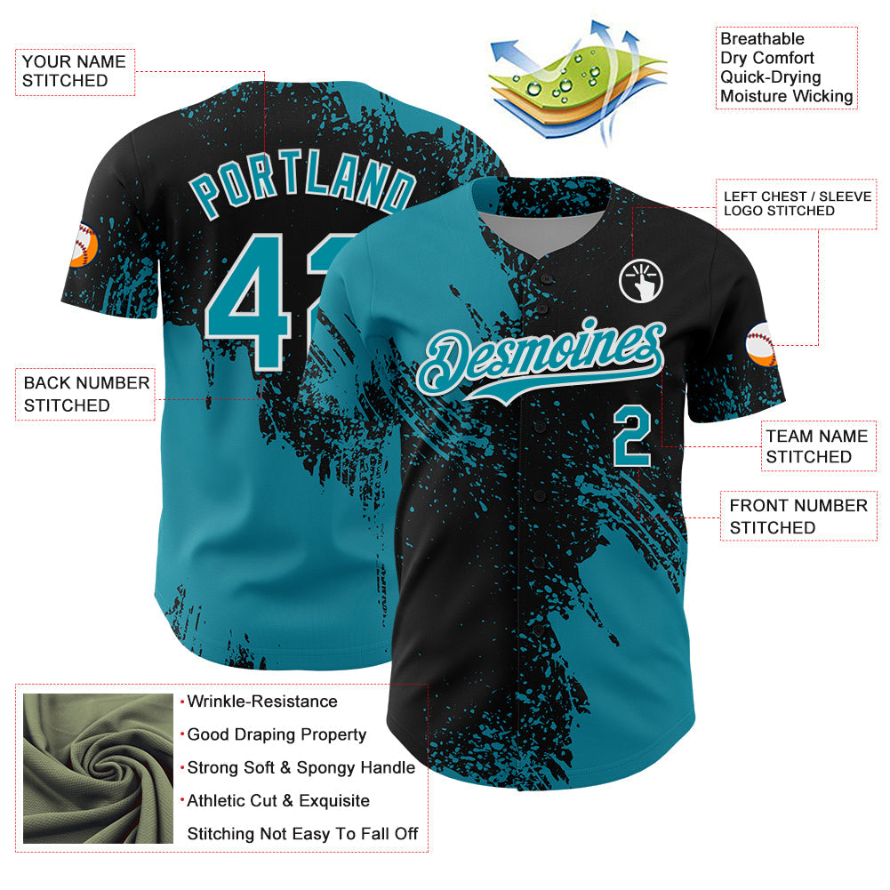 Custom Teal Black-White 3D Pattern Design Abstract Brush Stroke Authentic Baseball Jersey - Sky-Custom