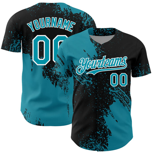 Custom Teal Black-White 3D Pattern Design Abstract Brush Stroke Authentic Baseball Jersey - Sky-Custom