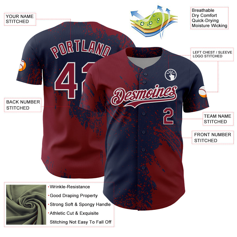 Custom Crimson Navy-White 3D Pattern Design Abstract Brush Stroke Authentic Baseball Jersey - Sky-Custom