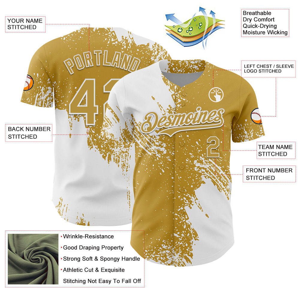 Custom White Old Gold 3D Pattern Design Abstract Brush Stroke Authentic Baseball Jersey - Sky-Custom