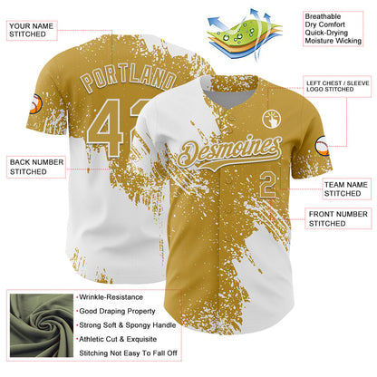 Custom White Old Gold 3D Pattern Design Abstract Brush Stroke Authentic Baseball Jersey - Sky-Custom