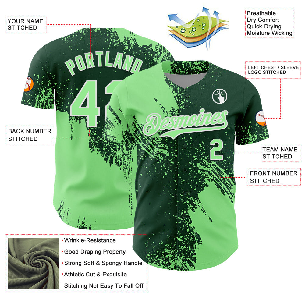 Custom Pea Green Green-White 3D Pattern Design Abstract Brush Stroke Authentic Baseball Jersey - Sky-Custom