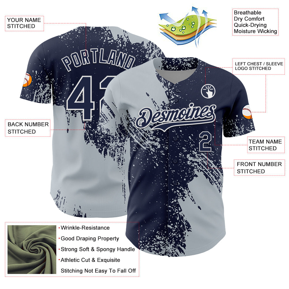Custom Silver Navy-White 3D Pattern Design Abstract Brush Stroke Authentic Baseball Jersey - Sky-Custom