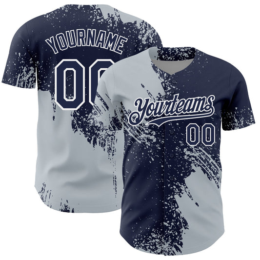Custom Silver Navy-White 3D Pattern Design Abstract Brush Stroke Authentic Baseball Jersey - Sky-Custom