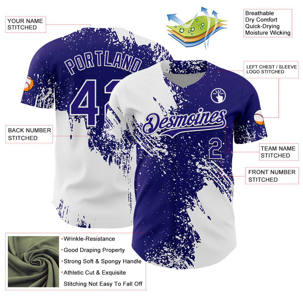 Custom White Dark Purple 3D Pattern Design Abstract Brush Stroke Authentic Baseball Jersey - Sky-Custom