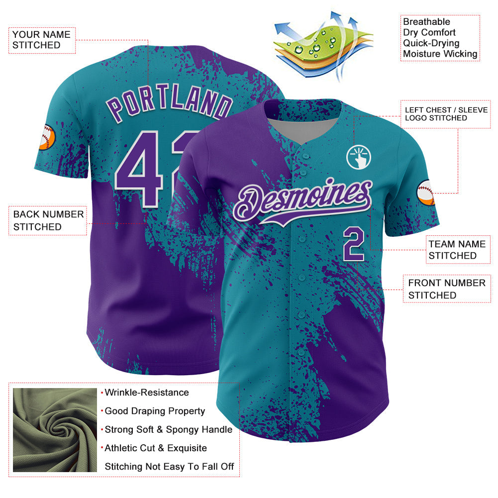 Custom Purple Teal-White 3D Pattern Design Abstract Brush Stroke Authentic Baseball Jersey - Sky-Custom