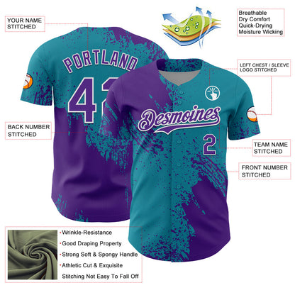 Custom Purple Teal-White 3D Pattern Design Abstract Brush Stroke Authentic Baseball Jersey - Sky-Custom
