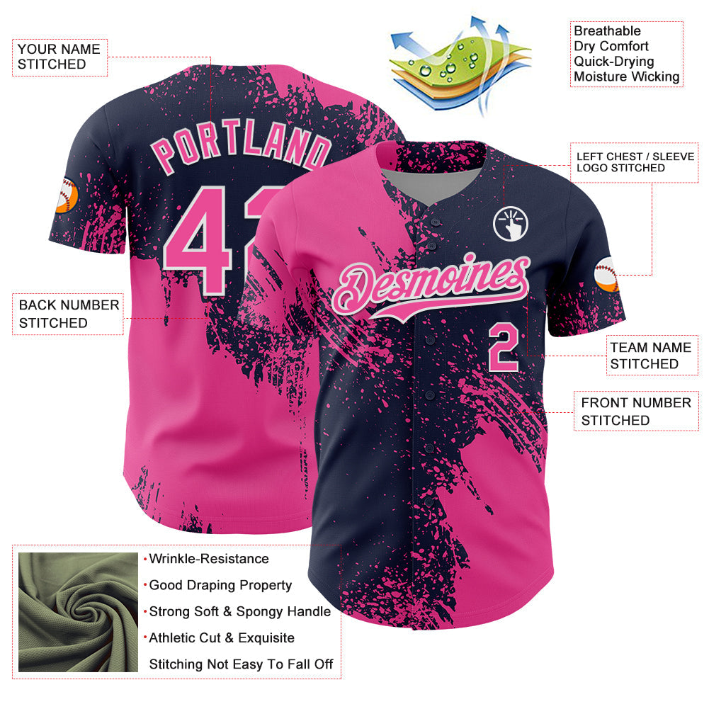 Custom Pink Navy-White 3D Pattern Design Abstract Brush Stroke Authentic Baseball Jersey - Sky-Custom