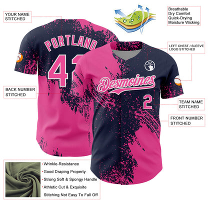Custom Pink Navy-White 3D Pattern Design Abstract Brush Stroke Authentic Baseball Jersey - Sky-Custom