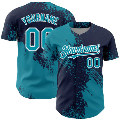 Custom Teal Navy-White 3D Pattern Design Abstract Brush Stroke Authentic Baseball Jersey - Sky-Custom