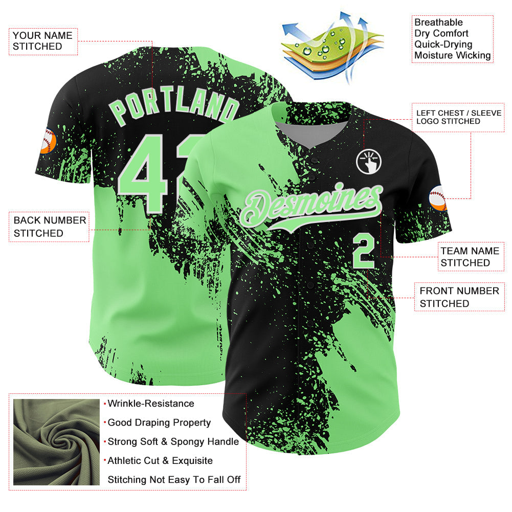 Custom Pea Green Black-White 3D Pattern Design Abstract Brush Stroke Authentic Baseball Jersey - Sky-Custom