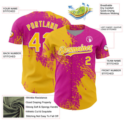 Custom Yellow Deep Pink-White 3D Pattern Design Abstract Brush Stroke Authentic Baseball Jersey - Sky-Custom