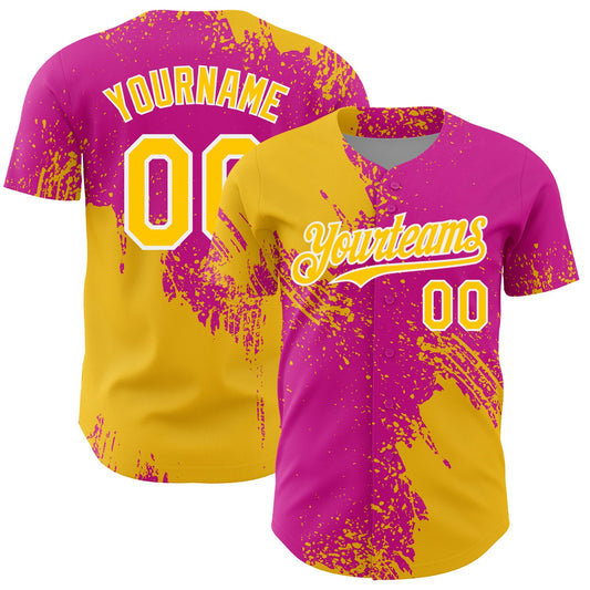 Custom Yellow Deep Pink-White 3D Pattern Design Abstract Brush Stroke Authentic Baseball Jersey - Sky-Custom