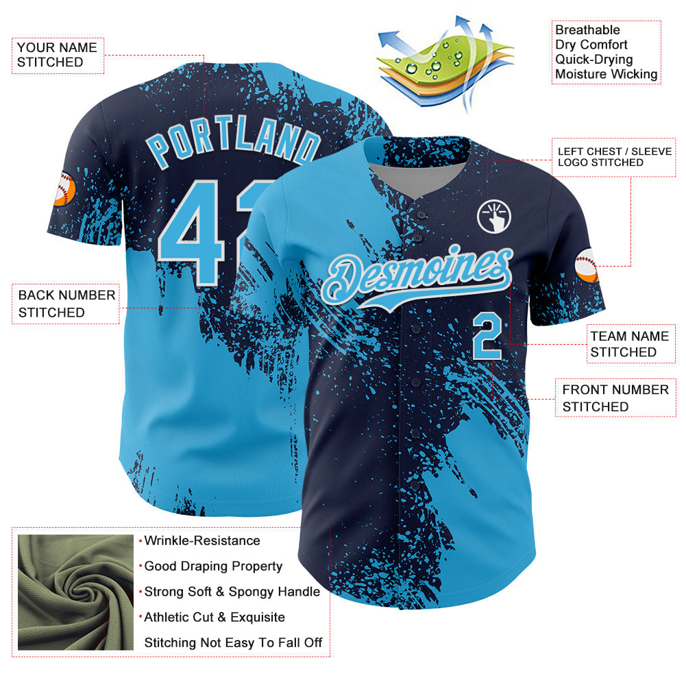 Custom Sky Blue Navy-White 3D Pattern Design Abstract Brush Stroke Authentic Baseball Jersey - Sky-Custom