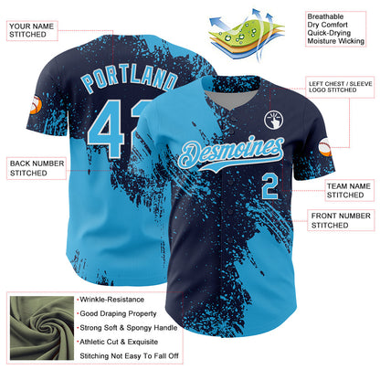 Custom Sky Blue Navy-White 3D Pattern Design Abstract Brush Stroke Authentic Baseball Jersey - Sky-Custom