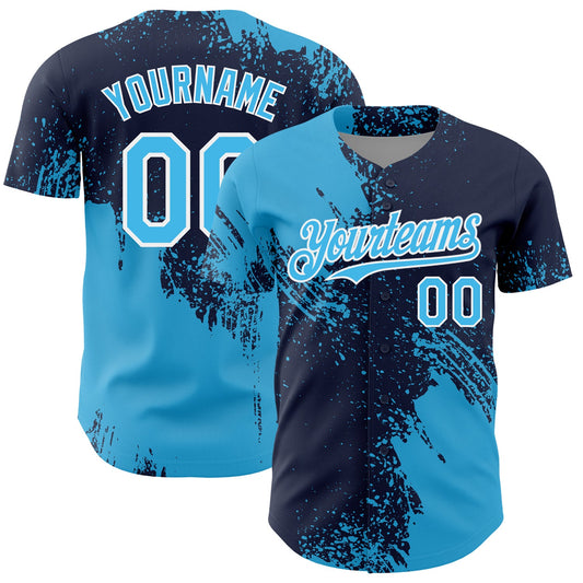 Custom Sky Blue Navy-White 3D Pattern Design Abstract Brush Stroke Authentic Baseball Jersey - Sky-Custom