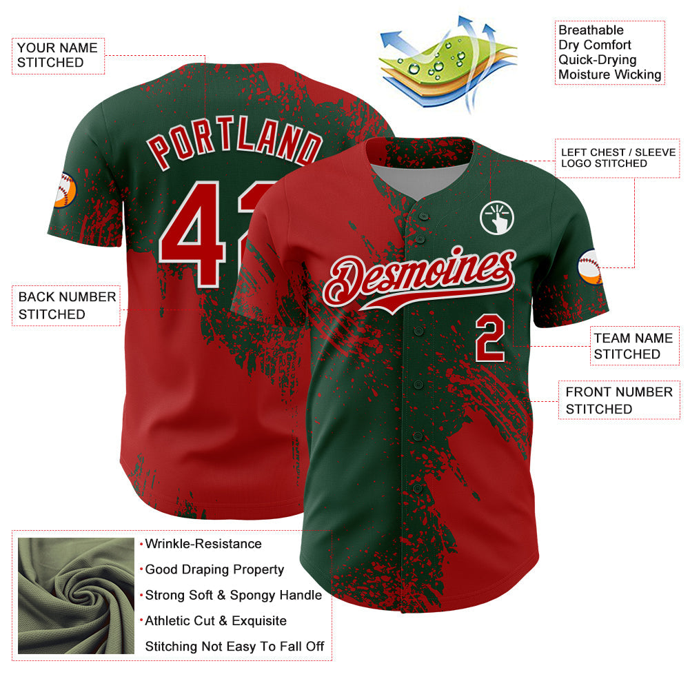 Custom Red Green-White 3D Pattern Design Abstract Brush Stroke Authentic Baseball Jersey - Sky-Custom