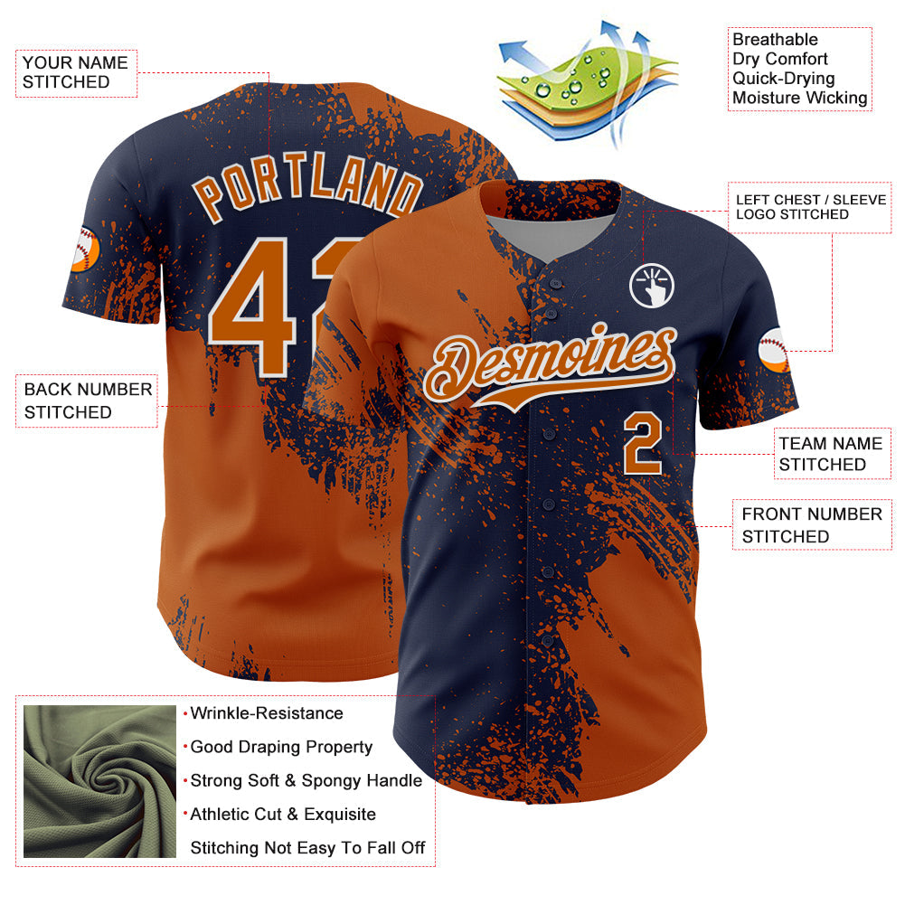 Custom Texas Orange Navy-White 3D Pattern Design Abstract Brush Stroke Authentic Baseball Jersey - Sky-Custom