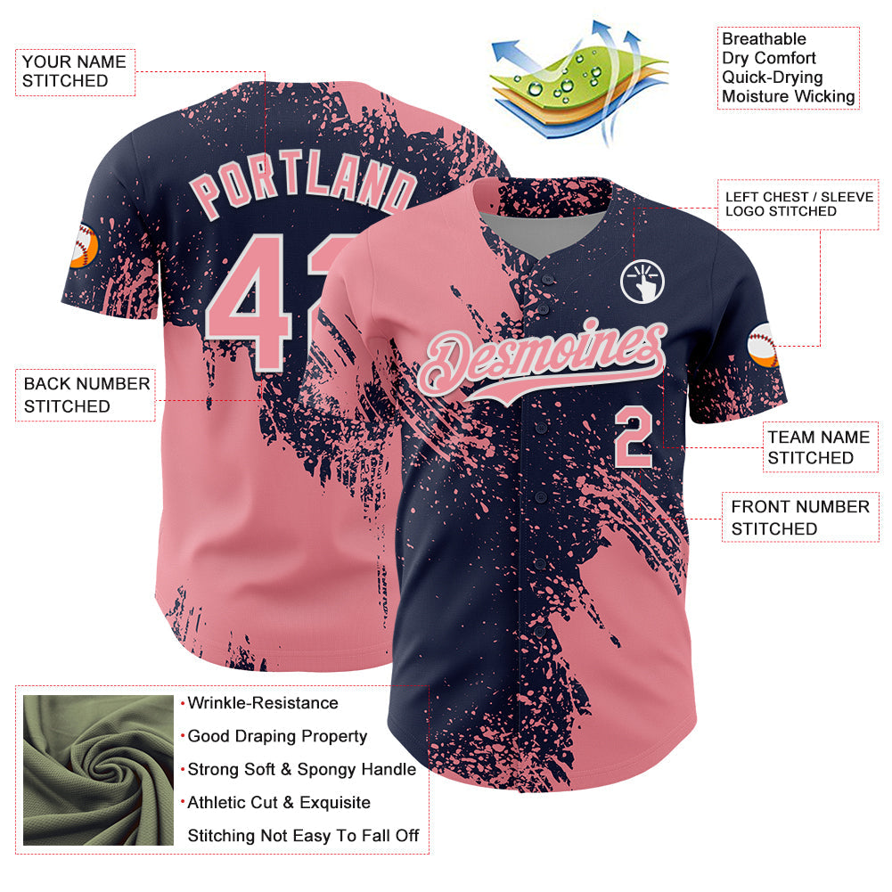 Custom Medium Pink Navy-White 3D Pattern Design Abstract Brush Stroke Authentic Baseball Jersey - Sky-Custom