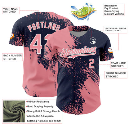 Custom Medium Pink Navy-White 3D Pattern Design Abstract Brush Stroke Authentic Baseball Jersey - Sky-Custom