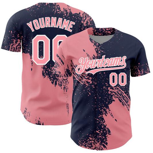 Custom Medium Pink Navy-White 3D Pattern Design Abstract Brush Stroke Authentic Baseball Jersey - Sky-Custom