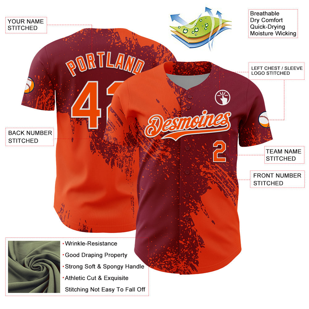 Custom Orange Crimson-White 3D Pattern Design Abstract Brush Stroke Authentic Baseball Jersey - Sky-Custom