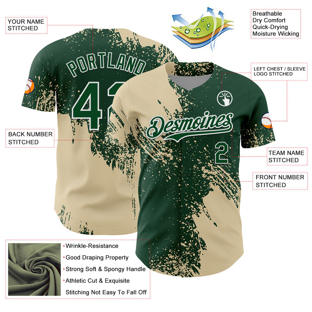Custom Cream Green-White 3D Pattern Design Abstract Brush Stroke Authentic Baseball Jersey - Sky-Custom