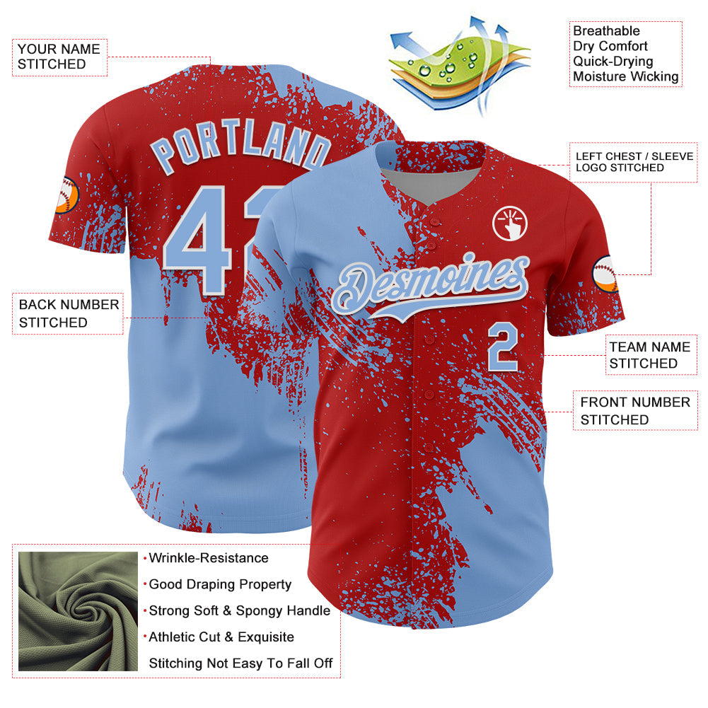 Custom Light Blue Red-White 3D Pattern Design Abstract Brush Stroke Authentic Baseball Jersey - Sky-Custom