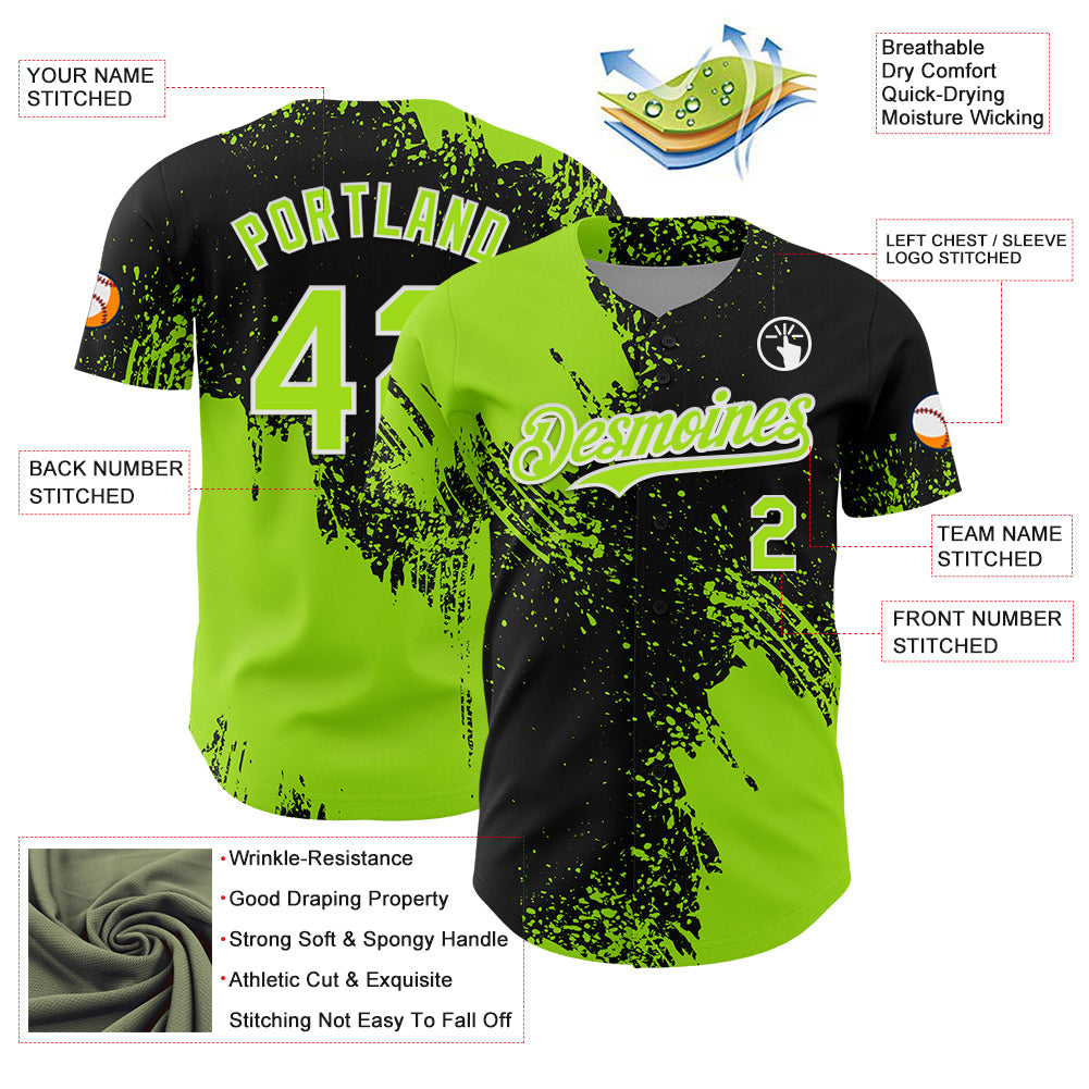 Custom Neon Green Black-White 3D Pattern Design Abstract Brush Stroke Authentic Baseball Jersey - Sky-Custom