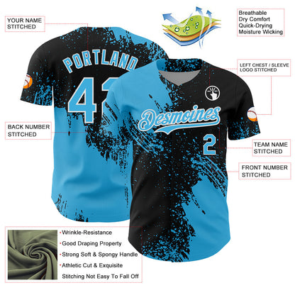 Custom Sky Blue Black-White 3D Pattern Design Abstract Brush Stroke Authentic Baseball Jersey - Sky-Custom
