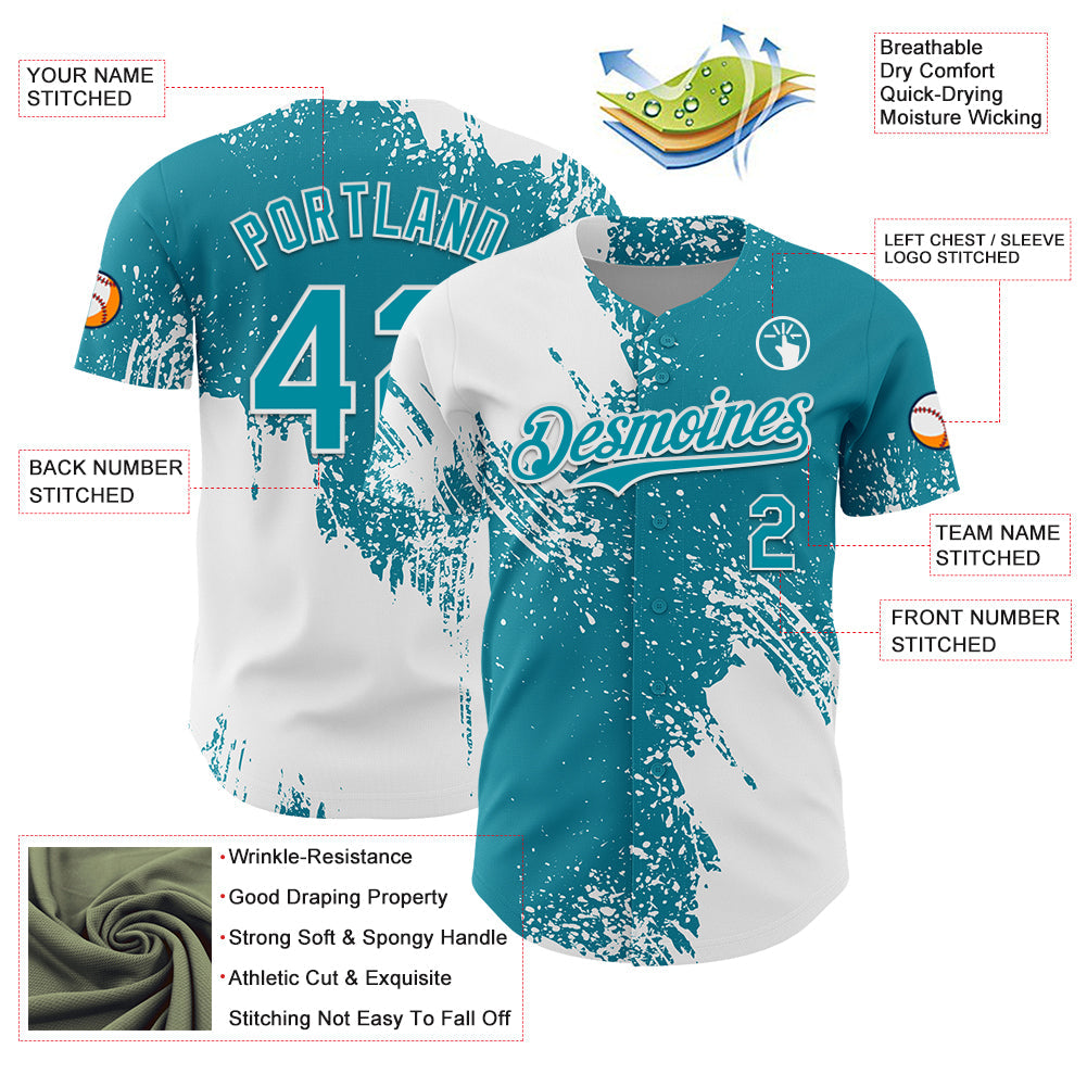 Custom White Teal 3D Pattern Design Abstract Brush Stroke Authentic Baseball Jersey - Sky-Custom