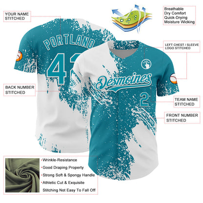 Custom White Teal 3D Pattern Design Abstract Brush Stroke Authentic Baseball Jersey - Sky-Custom