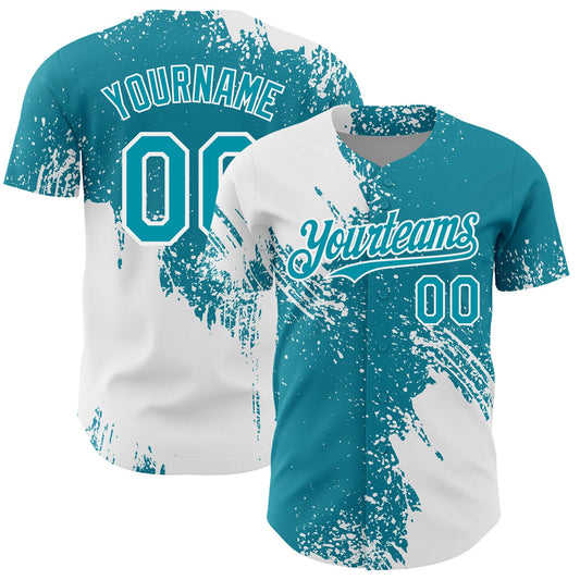 Custom White Teal 3D Pattern Design Abstract Brush Stroke Authentic Baseball Jersey - Sky-Custom