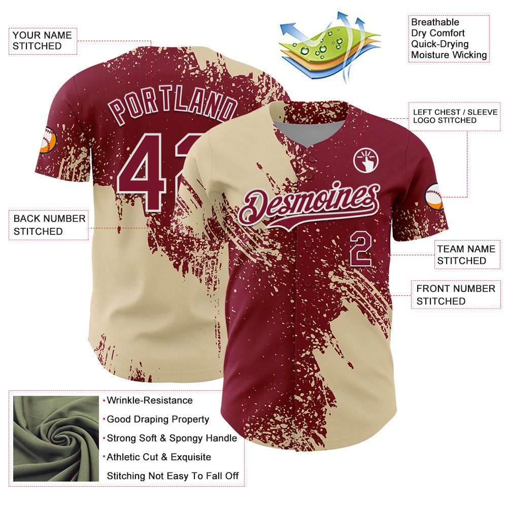 Custom Cream Crimson-White 3D Pattern Design Abstract Brush Stroke Authentic Baseball Jersey - Sky-Custom
