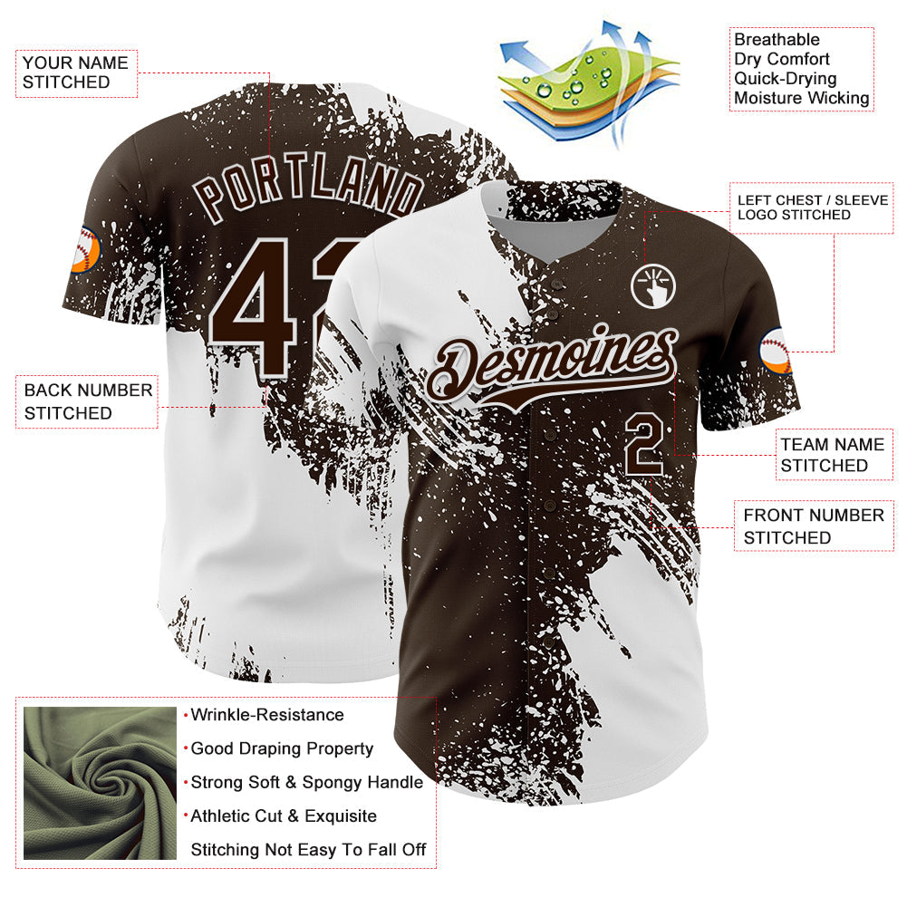Custom White Brown 3D Pattern Design Abstract Brush Stroke Authentic Baseball Jersey - Sky-Custom